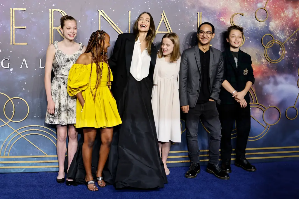 Angelina Jolie with her kids at the "Eternals" London premiere in Oct2021_GettyImages