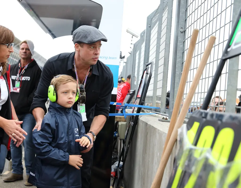 Brad Pitt with his son Knox at the MotoGP British Grand Prix race in 2015_Wireimages