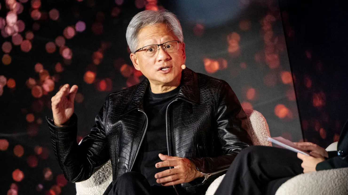 Nvidia CEO Jensen Huang speaks during the launch of the supercomputer Gefion at Vilhelm Lauritzen Terminal in Kastrup, Denmark, Oct. 23, 2024.